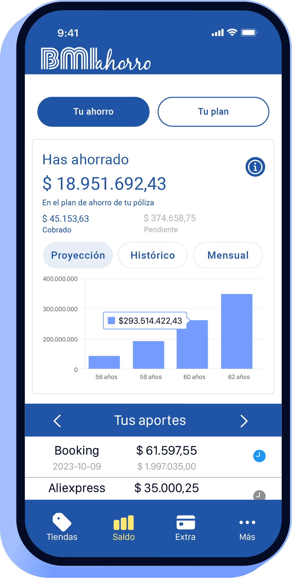 Pantalla de celular mostrando el saldo de ahorro del cliente de BMI Ahorro