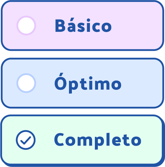 Nombres de los tres tipos de planes, básico, óptimo y completo